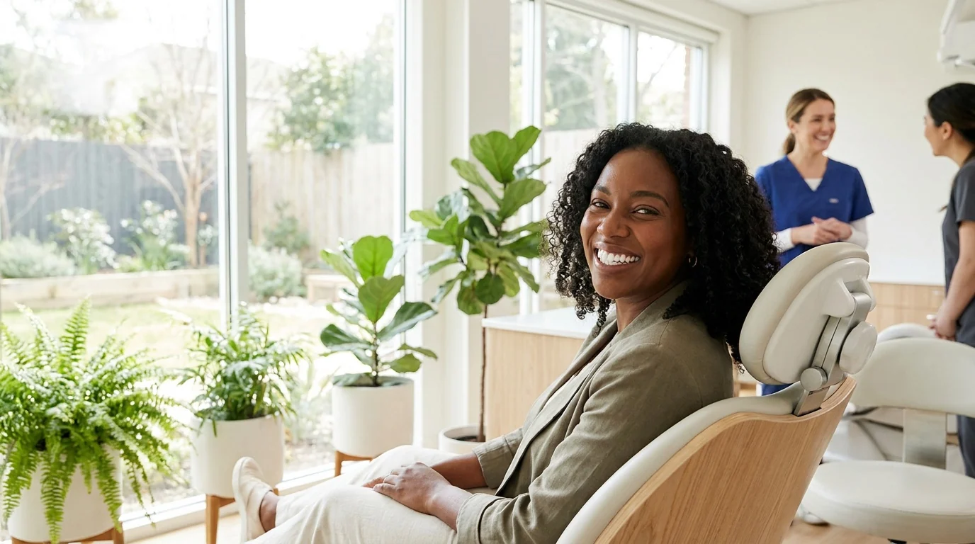 A patient with a bright, healthy smile in the modern, plant-filled office at Modern Dental, Atlanta