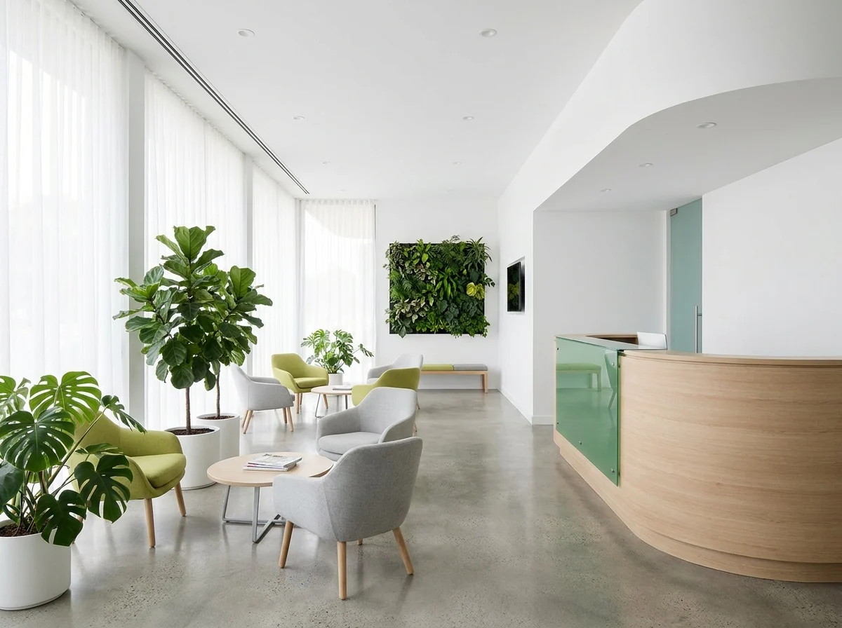 The bright, plant-filled reception lounge at Modern Dental in Atlanta